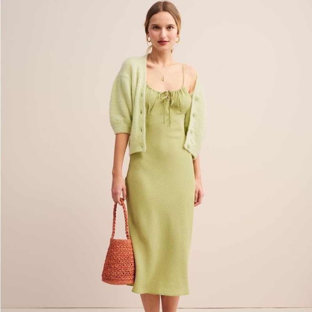 Rouje Paris Daria Tiny Polkadot Green Midi Slip Style Dress size 38 / US 6